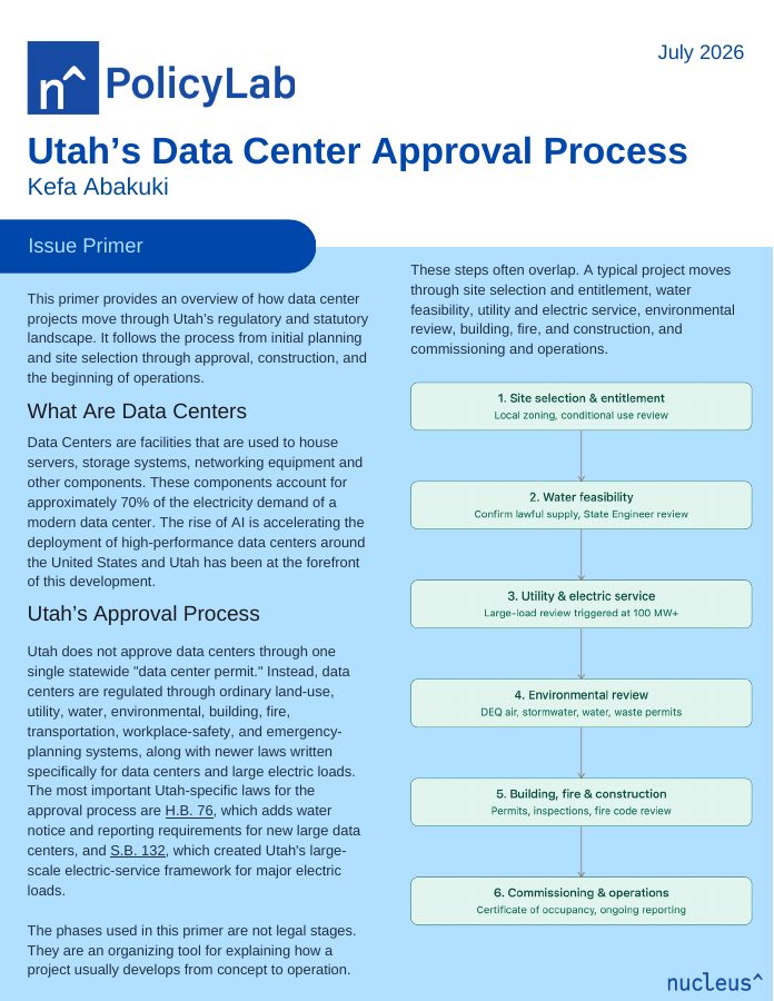 First page preview of Utah's Data Center Approval Process issue primer