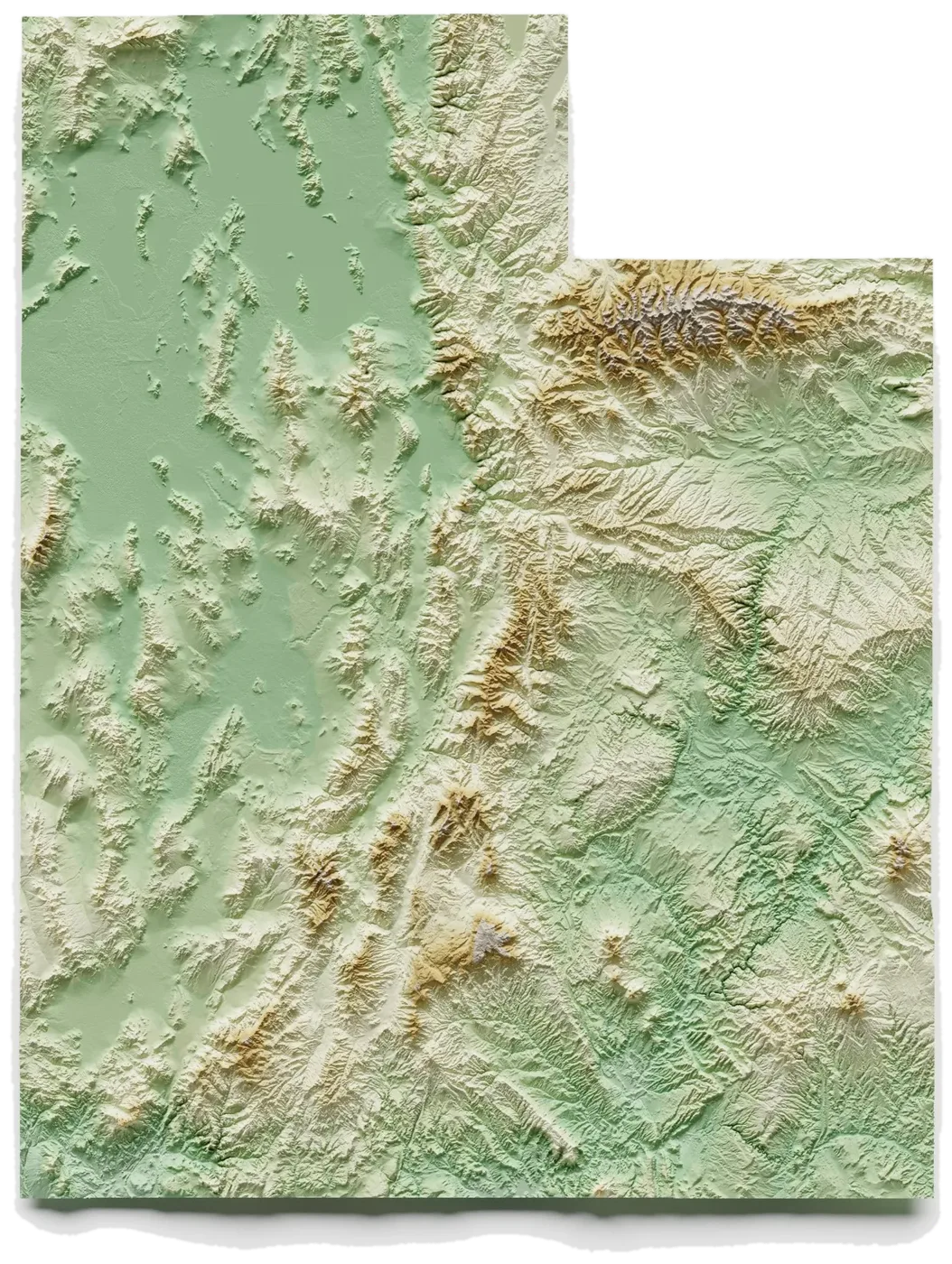 Topographical map of Utah showing mountain ranges and valleys