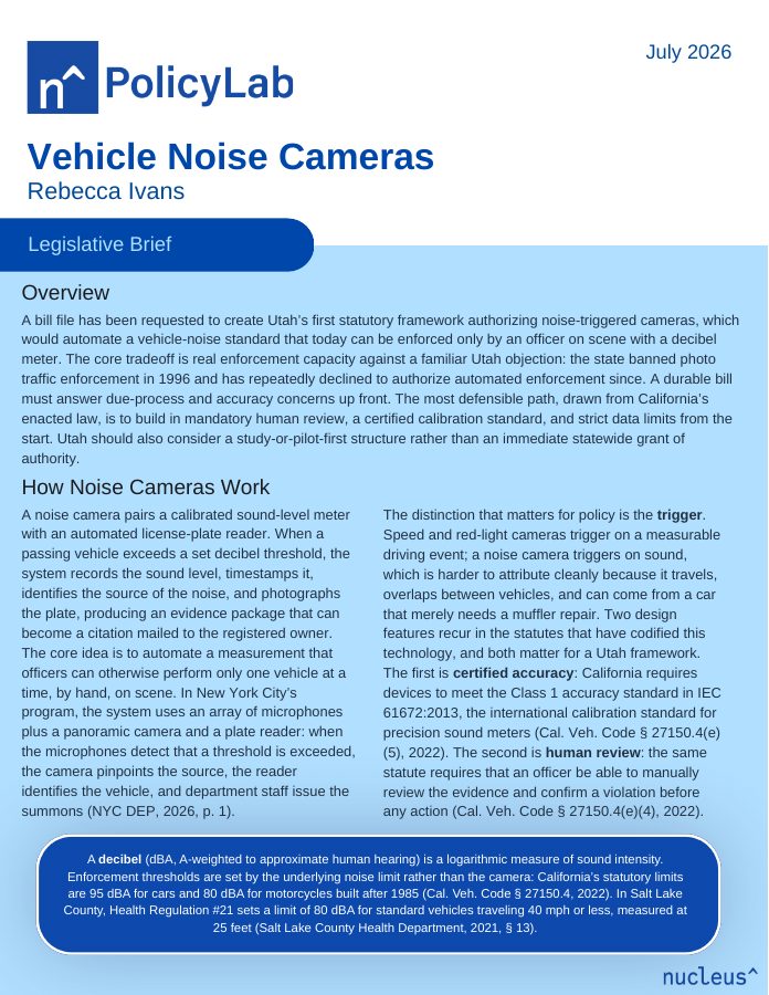 First page preview of Vehicle Noise Cameras legislative brief
