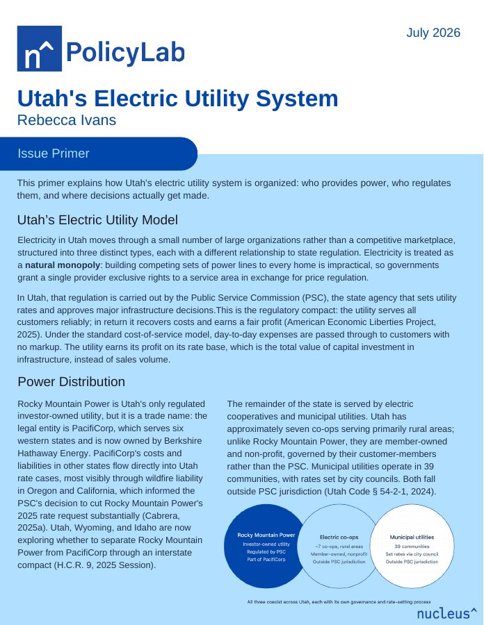 First page preview of Utah's Electric Utility System issue primer
