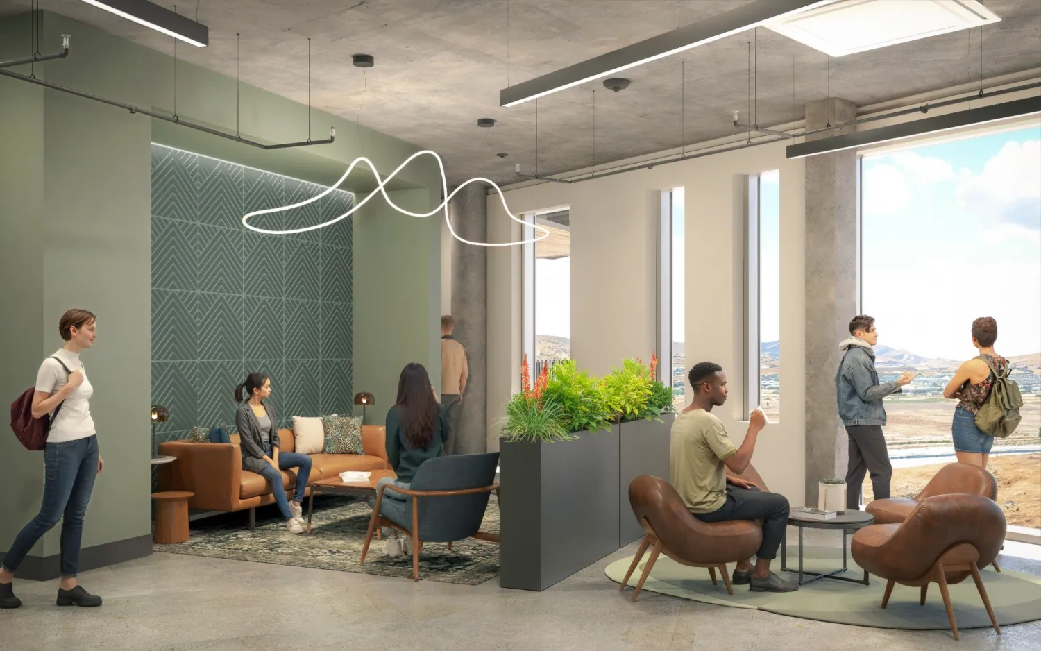 Architectural rendering of the open office lounge