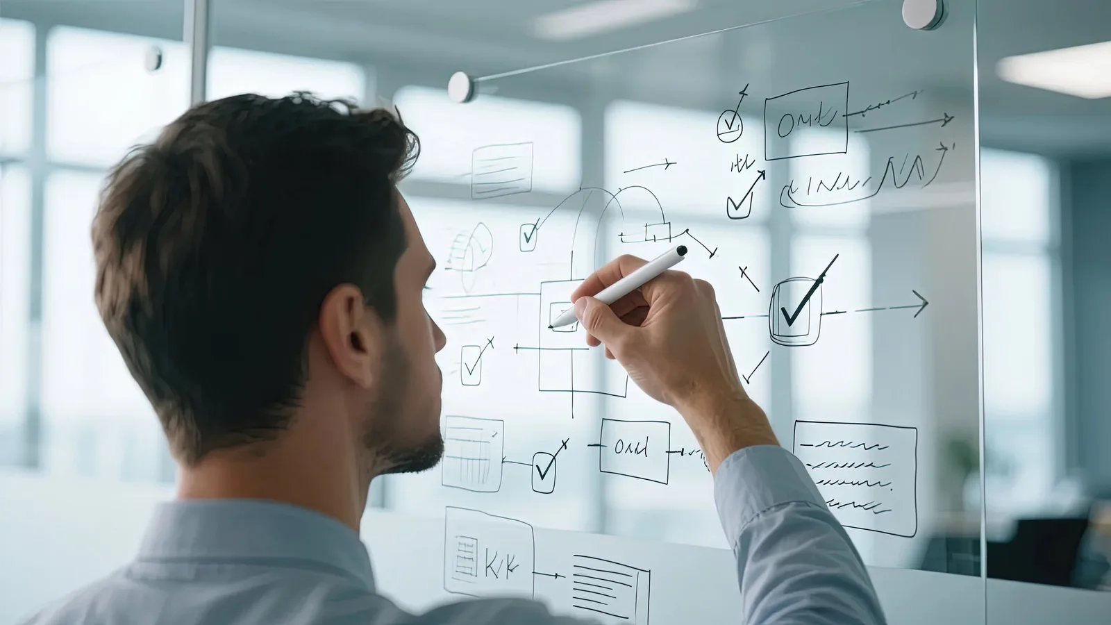 Person mapping a process on a glass board